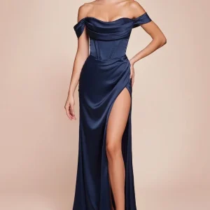 Satin Off The Shoulder Leg Slit Gown By Ladivine 7492 - Women Evening Formal Gown - Special Occasion