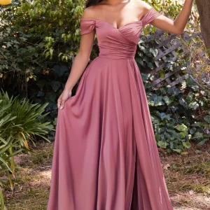 Satin Off The Shoulder A-Line Slit Gown By Ladivine 7493 - Special Occasion