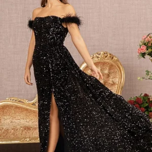 Off the Shoulder Feather Sequin Velvet Mermaid Slit Gown Elizabeth K GL3163 - Women Formal Dress - Special Occasion/Curves