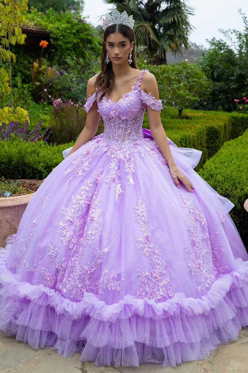 3D Flower Applique V-Neckline Quinceanera Dress by GLS by Gloria - GL3520