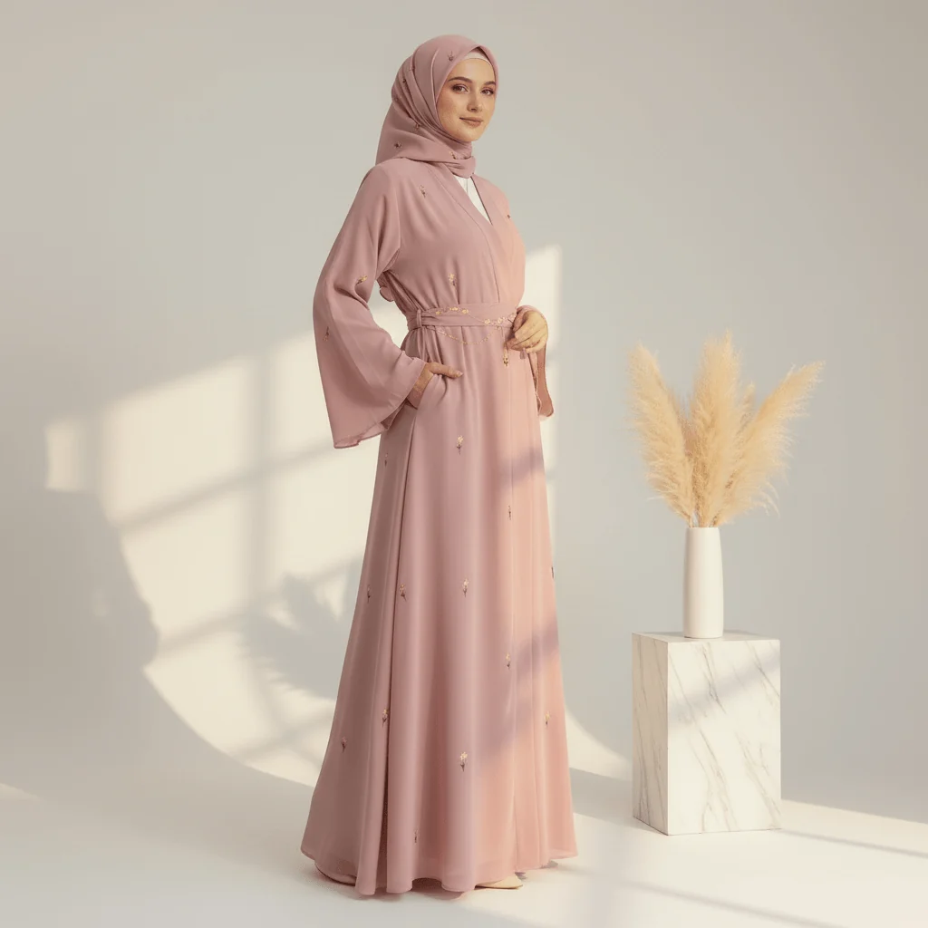 Arkivmodell Broderad Nida-abaya med tulpanmönster, 4-delars set - MP024 (Endast storlek M)