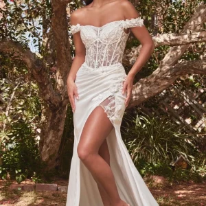 Off the Shoulder Floral Sheath Slit Bridal Gown by Cinderella Divine CD0186W