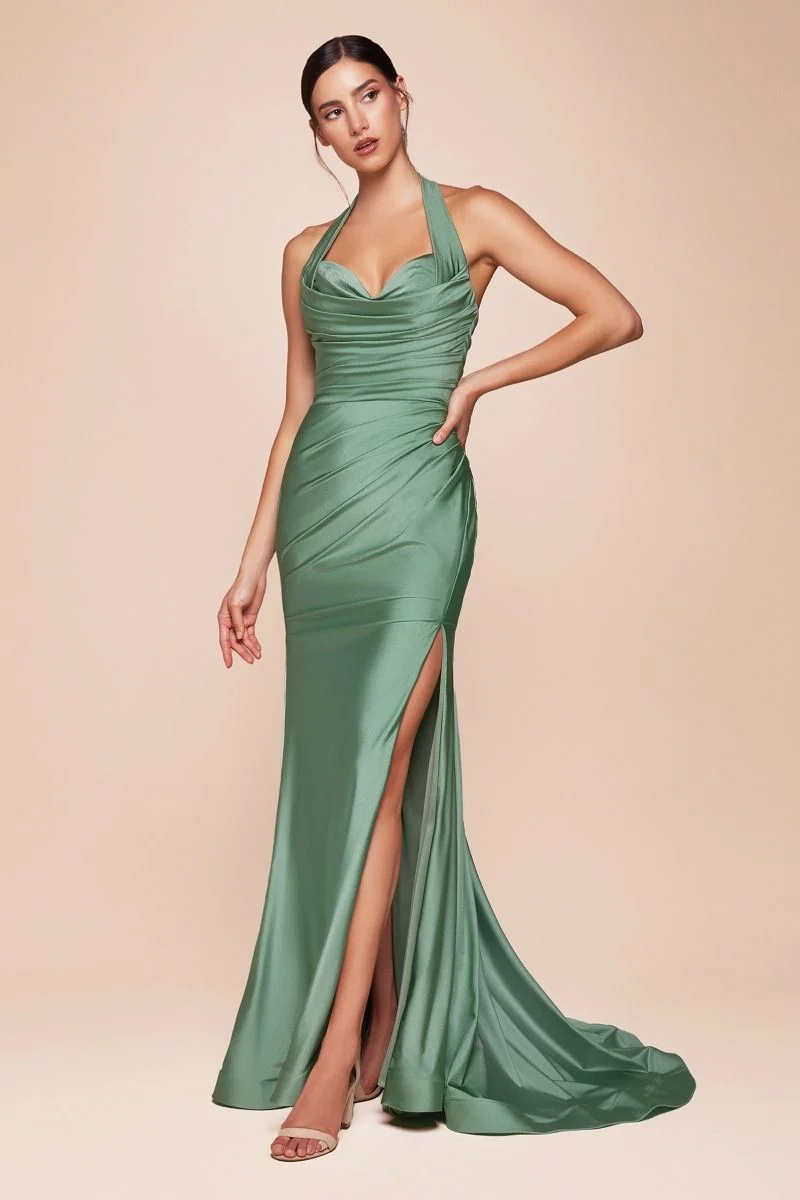 Satin Halter Neckline Leg Slit Gown by Cinderella Divine CD796 - Special Occasion (2-12 Size) - Bild 9