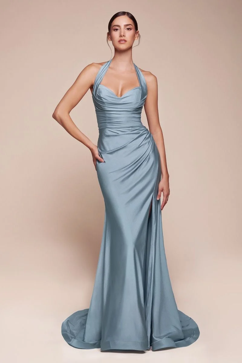Satin Halter Neckline Leg Slit Gown by Cinderella Divine CD796 - Special Occasion (2-12 Size) - Bild 3