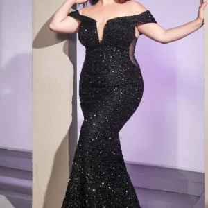 Off The Shoulder Paljetter Mermaid Gown av Cinderella Divine CD975C - Curves