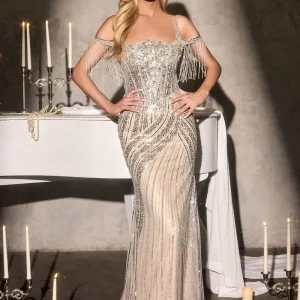 Fitted Off Shoulder Sleeves Gown By Ladivine CDS555 - Women Evening Formal Gown - Special Occasion
