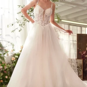 Lace V-Neckline A-Line Bridal Gown by Andrea and Leo WL029